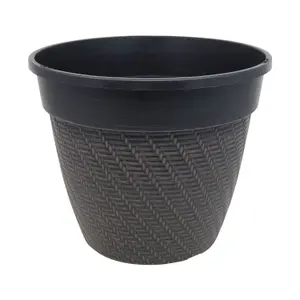 30cm Pot Rattan Round Planter Black With Brown Brush Round Plastic Plant Flower