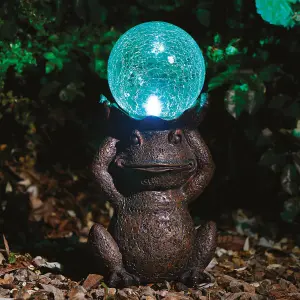 Solar Powered LED Frog Garden Ornament - Hand Painted Polyresin Sculpture with Light Up Crackle Glass Ball - H38 x W21 x D15cm