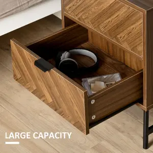 HOMCOM Two-Drawer Herringbone Bedside Table Home Cabinet Bedroom Storage Brown