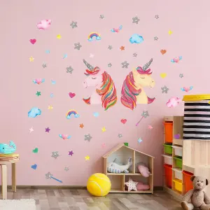 Walplus Watercolour Unicorns With Glitter Starskids Sticker Aluminium Filmpink, Silver, Multicoloured