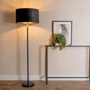 ValueLights Charles Black Stem Floor Lamp with Black Velvet and Gold Inner Lamp Shade and LED Bulb