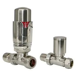 Right Radiators Satin Nickel Straight TRV Thermostatic Radiator Valve and Manual Straight Valve 15mm x 1/2"