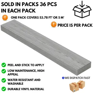 Self Adhesive Floor Planks - 36 Planks Per Pack Covering 53.8 ft² (5 m²) - Peel And Stick Vinyl Flooring in Grey Oak Wood Effect