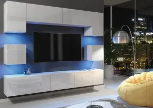 Panorama Wall TV Unit White with High Gloss Doors and LED Lighting - Creative Furniture