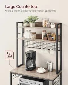 VASAGLE Kitchen Baker's Rack with Built-in Power Outlet, Coffee Station, Hooks, Shelf, Wire Panel, Greige and Ink Black