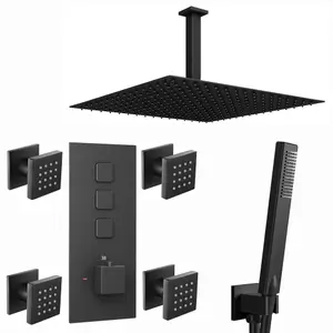 ENKI Milan Black Square Concealed Brass Thermostatic Overhead Shower & Handset Kit SH0048