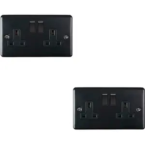 2 PACK 2 Gang Double UK Plug Socket MATT BLACK 13A Switched Power Outlet