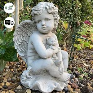 Stone Cast Cherub Ornament with Teddy on Hand