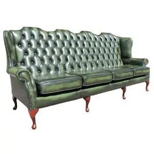 Chesterfield 4 Seater Flat Wing High Back Antique Green Real Leather Sofa In Queen Anne Style