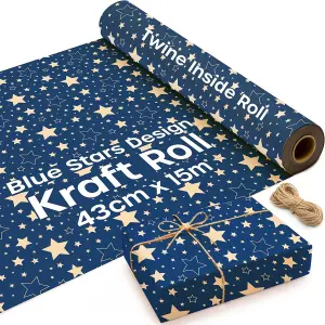 15m Eco Kraft Wrapping Paper Roll - Recyclable Brown Christmas Gift Wrap with Blue Star Design, 43cm Wide, Includes Twine