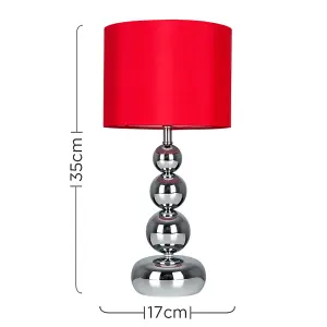 ValueLights Marissa Pair of Chrome Stacked Balls Table Lamps with Red Faux Silk Shades