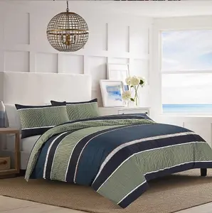 Nate Block Stripe Duvet Cover Set Olive Gree/ Navy Blue Bedding Modern