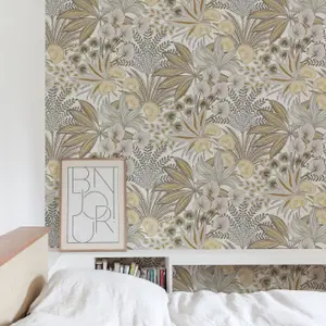 Grandeco Jody Retro Jungle Botanical Textured Wallpaper, Neutral Grey