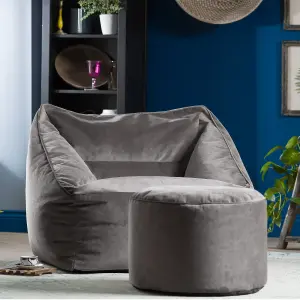 icon Natalia Velvet Armchair Bean Bag and Pouffe Set Charcoal Grey Giant Bean Bag Chair