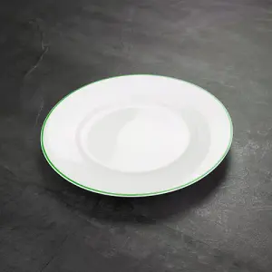 Set of 4 Durable White Ceramic Side Plates with Elegant Green Rim