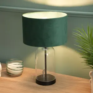 ValueLights Jessy Glass and Black Metal Bedside Table Lamp with a Forest Green Velvet Lampshade