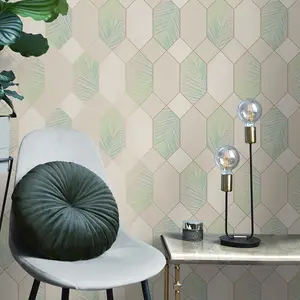 Miami Geometric Leaf Wallpaper Natural / Green Fine Decor FD42834