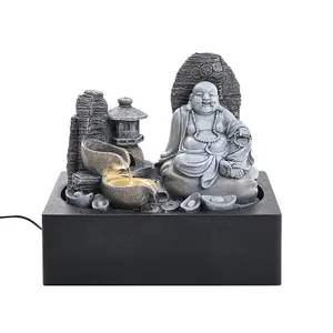 Grey Resin Electric Tabletop Happy Sitting Buddha Fountain with LED Light