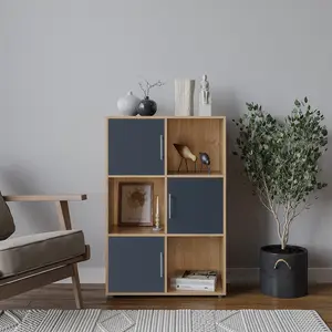 URBNLIVING 91cm Height 6 Cube Bookcase Oak Wood Grey Door Metal Handle Display Storage Shelf