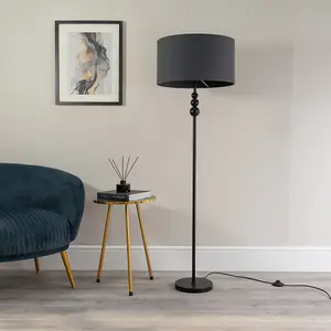 ValueLights Marissa Matt Black Stacked Ball Floor Lamp with Charcoal Grey Drum Shade