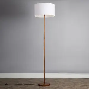 ValueLights Heather Modern Scandi Floor Lamp In Dark Wooden Finish with White Drum Shade - Includes 6w LED GLS Bulb 3000K