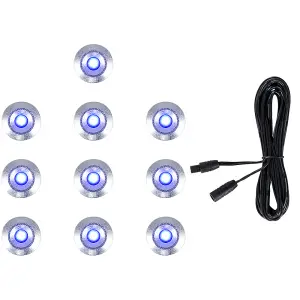 ValueLights 10 Pack IP67 Rated 15mm Blue LED Round Decking Kitchen Plinth Lights With 3M Extension