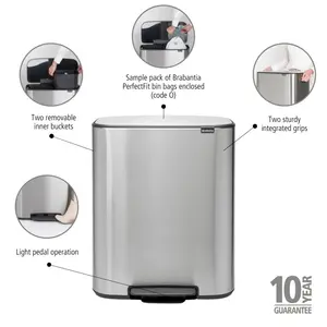 Brabantia Bo 30 Litre + 30 Litre Pedal Bin with Two Inner Buckets Matt Steel