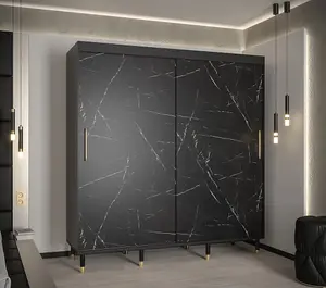 Bergen Contemporary 2 Sliding Door Wardrobe Gold Handles Marble Effect 9 Shelves 2 Rails Black (H)2080mm (W)2000mm (D)620mm