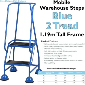 2 Tread Mobile Warehouse Steps BLUE 1.19m Portable Safety Ladder & Wheels