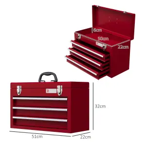 DURHAND Lockable 3 Drawer Tool Chest with Ball Bearing Slide Drawers Red