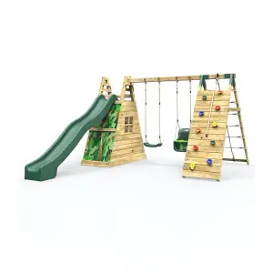 Rebo Wooden Pyramid Climbing Frame with Swings and 8.7ft Water Slide - Pixley