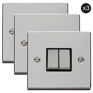 3 PACK - Polished Chrome 10A 2 Gang 2 Way Ingot Light Switch - Black Trim - SE Home