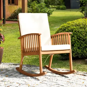 Costway Patio Rocking Chair Garden Backyard Acacia Wood Rocker with Seat & Back Cushions