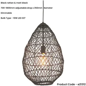 Hanging Ceiling Pendant Light - Black Rattan Basket & Matt Black - 10W LED E27