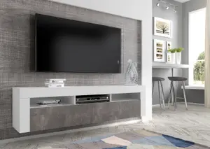 MORENO 160 TV Cabinet - White Matt and Dark Concrete, Versatile Wall Mountable or Free-Standing Unit 350mm x 410/430mm x 1600mm