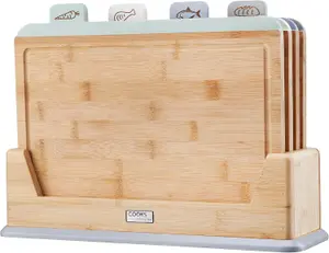 Cooks Professional Bamboo Index Chopping Boards with Stand, Wood Cutting Boards Veg, Meat & Fish