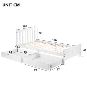 Wooden Solid White Pine Storage Bed with Drawers Bed Furniture Frame for Adults, Kids, Teenagers 3ft Single 190x90cm