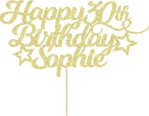 Personalised Happy Birthday Cake Topper Customised With Any Age Name Party Cake Decoration 16 18 21 40 60 Double Sided Glitter Card Champagne Gold