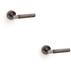 2 PACK - SOLID BRASS Knurled Door Handle Set - Dark Bronze Angled Lever on Round Rose