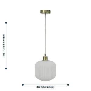 First Choice Lighting Bento White Ribbed Glass with Satin Brass Pendant Fitting