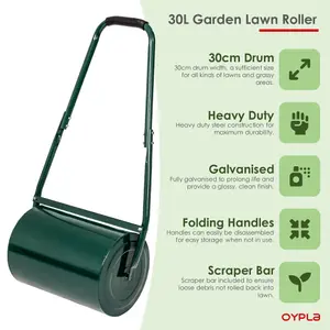 Oypla Galvanised Garden Steel Lawn Roller 30 Litre Drum Scraper Bar & Collapsible Handle Create a Lawn Worthy of a Bowls Green