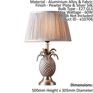 Table Lamp Pewter Plate & Silver Silk 60W E27 Bedside Light Base & Shade