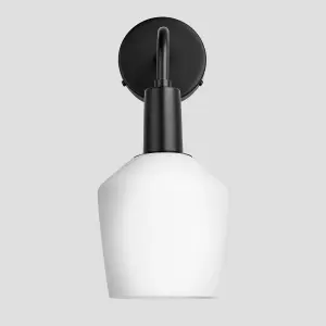 Industville Sleek Opal Glass Schoolhouse Wall Light, 5.5 Inch, White, Black Holder