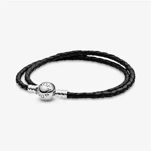 Pandora Moments Double Black Leather Bracelet - Geniune Leather / Sterling Silver / Black - Sz. 41 cm