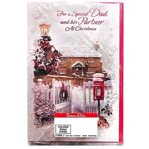 Simon Elvin For A Special Dad And His Partner House Christmas Card (Pack of 6) White/Red/Brown (One Size)