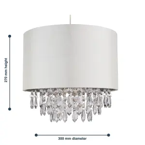 First Choice Lighting 300mm Cream Faux Silk Easy Fit Shade with Chrome Inner and Clear Droplets