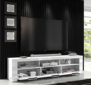 Furneo 200cm White Long TV Stand Unit Cabinet Matt & High Gloss RGB (multicoloured) LED Lights Phantom 10