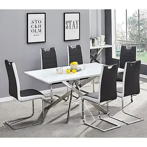 Petra Large White Glass Dining Table 6 Petra Black White Chairs