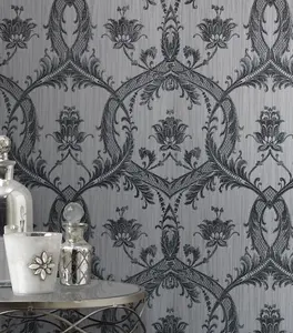 Fine Decor Luxury Milano Damask Glitter Black & Silver Wallpaper M95565