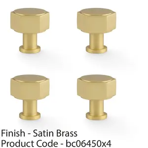 4 PACK - Industrial Hex Cabinet Door Knob - 33mm Satin Brass Cupboard Pull Handle